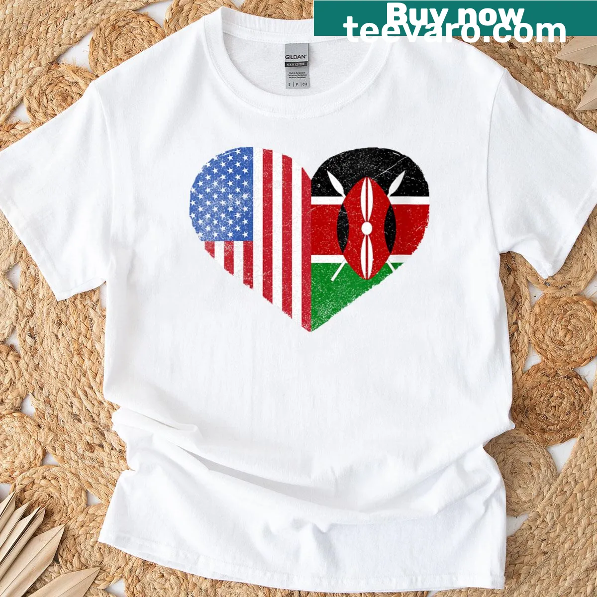 Illustrated t-shirt with a heart combining Kenyan and American flags — on a men's t-shirt