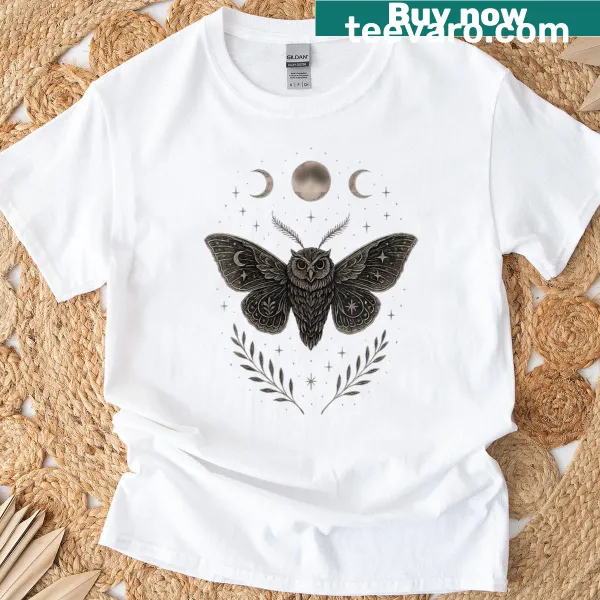 Whimsical moth and moon phases illustration on a women's t-shirt
