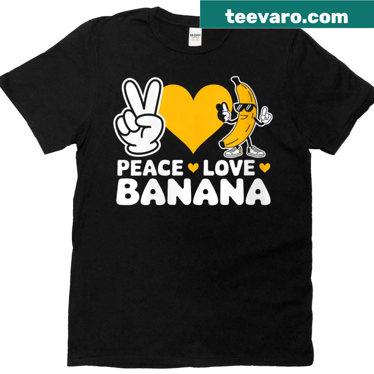 Playful 'Peace Love Banana' graphic T-shirt for banana lovers. — on a men's t-shirt