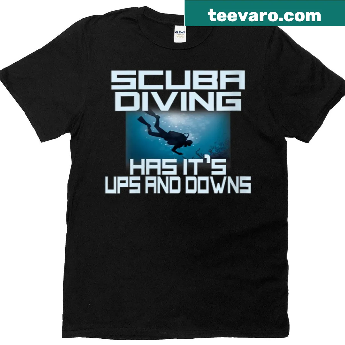 Witty scuba diving T-shirt with 'Ups and Downs' text design — on a men's t-shirt