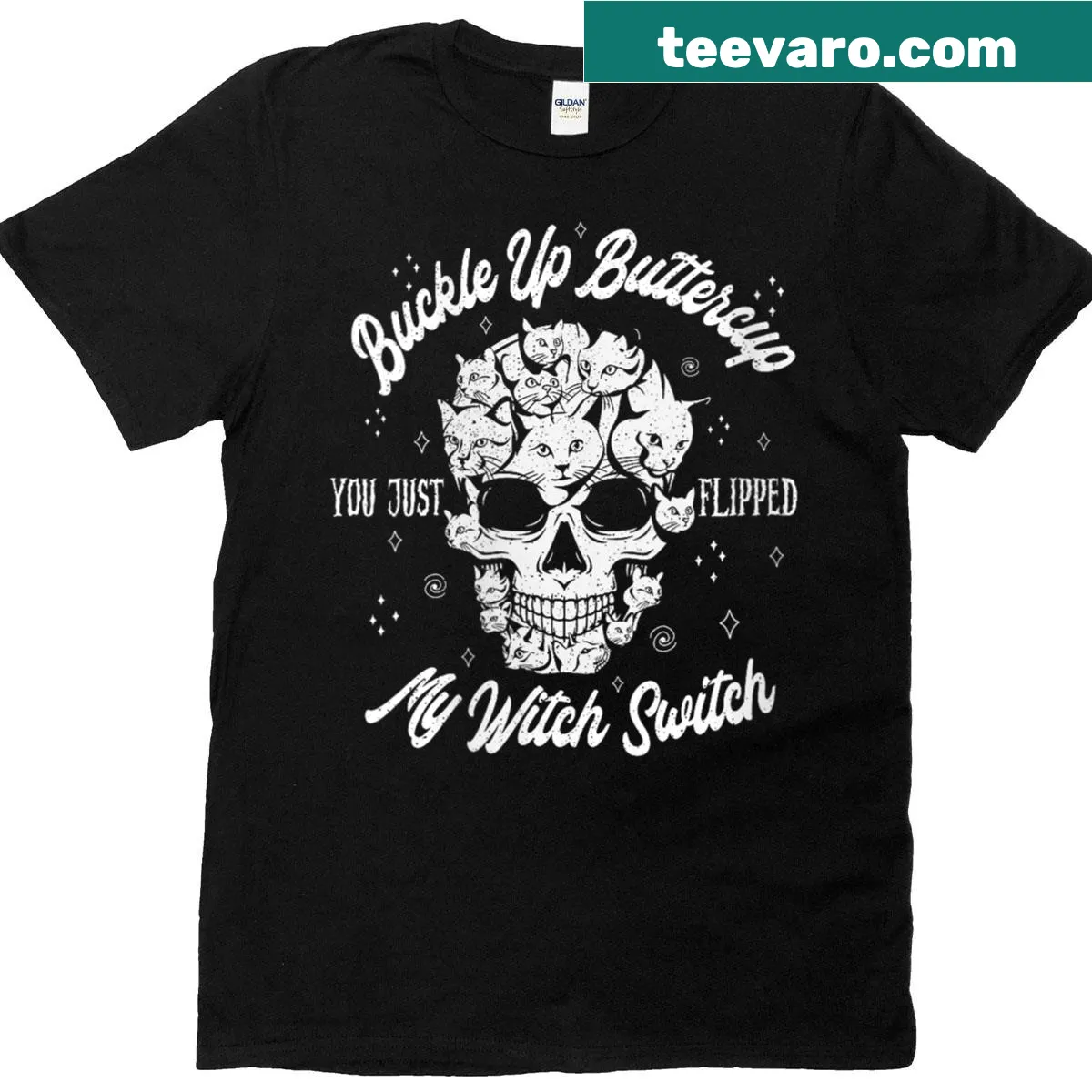Edgy Halloween t-shirt with skull and witchy phrase — on a men's t-shirt