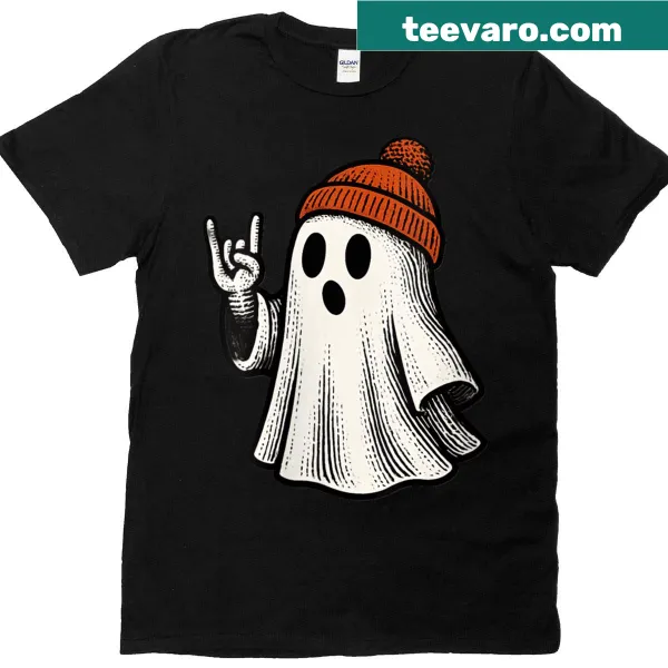 Cute Halloween ghost with rock gesture for women.