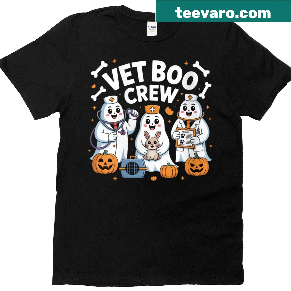 Cute Halloween t-shirt for veterinarians featuring ghosts and pumpkins — on a men's t-shirt