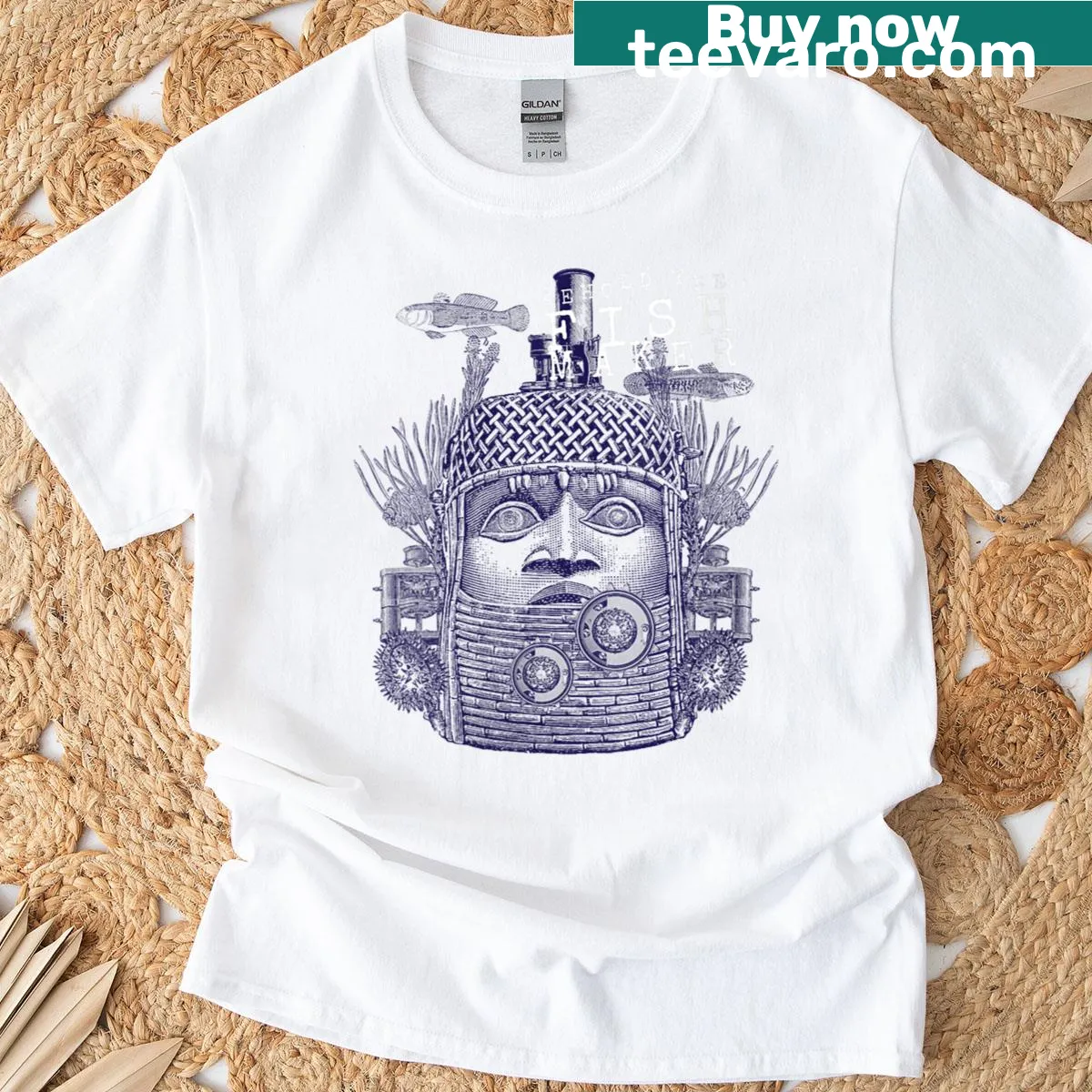 Vintage-style t-shirt with steampunk fish maker graphic — on a men's t-shirt