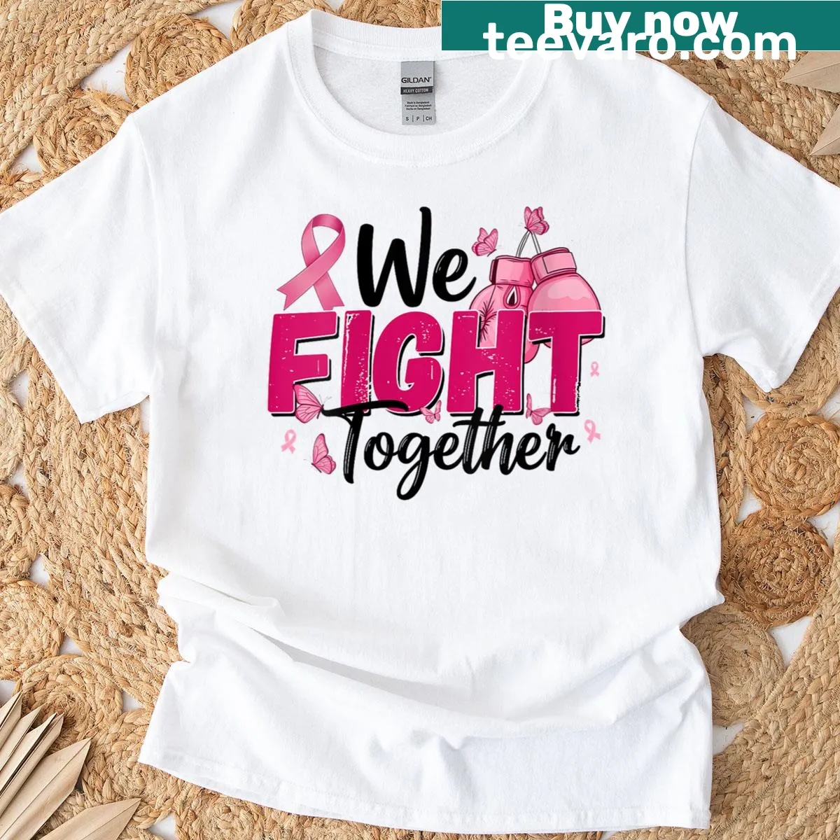 Women's T-shirt featuring a pink ribbon and supportive message for breast cancer awareness — on a men's t-shirt