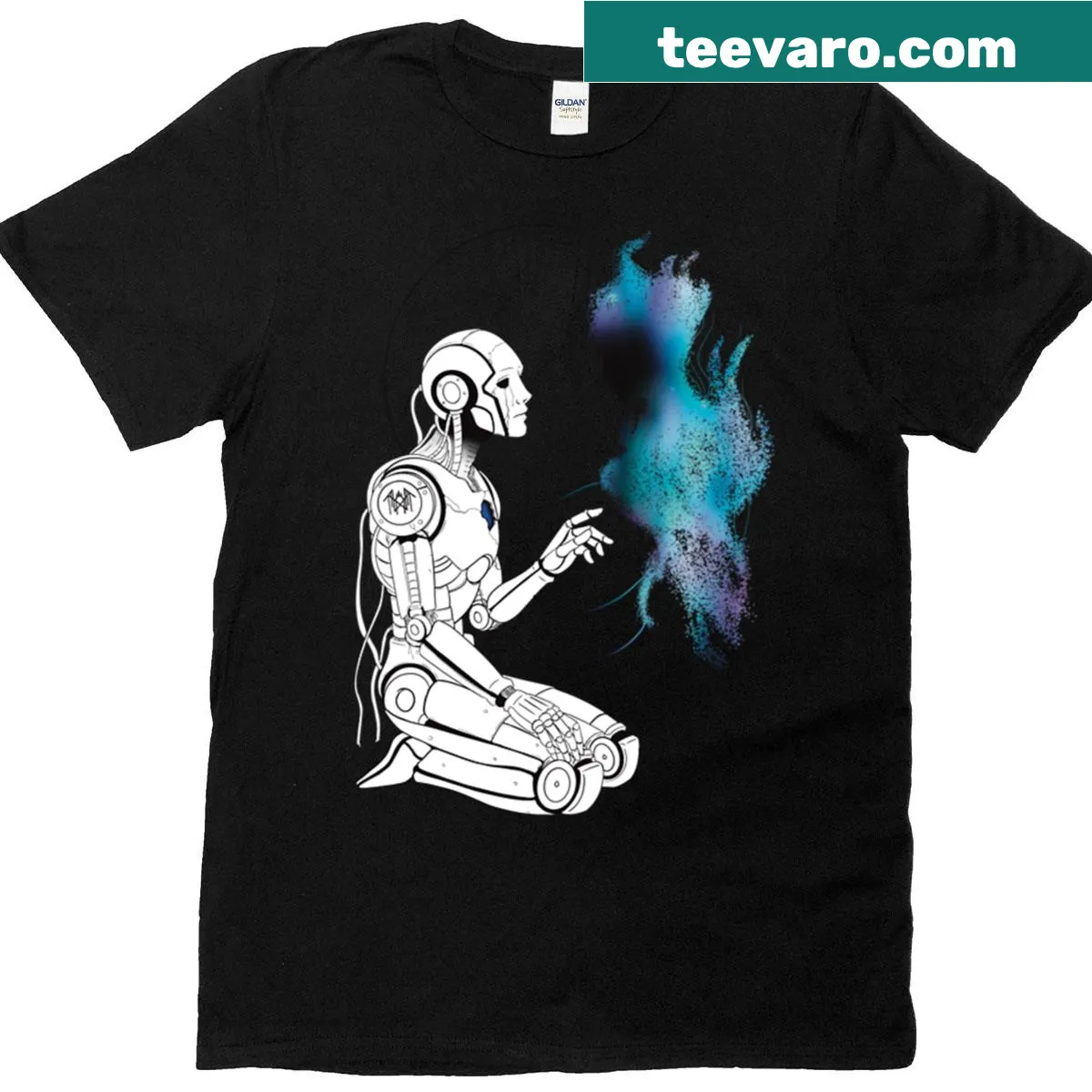 Cute blue T-shirt featuring a friendly robot illustration — on a men's t-shirt