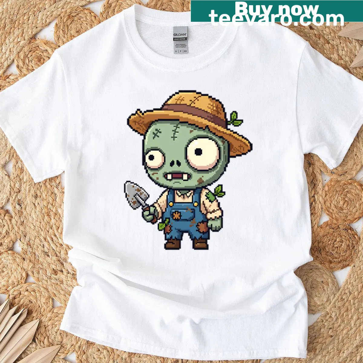 Pixel art graphic of a cute zombie farmer on a T-shirt — on a men's t-shirt