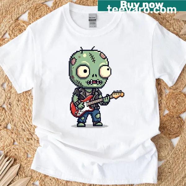 Pixel art t-shirt with a zombie rockstar playing an electric guitar