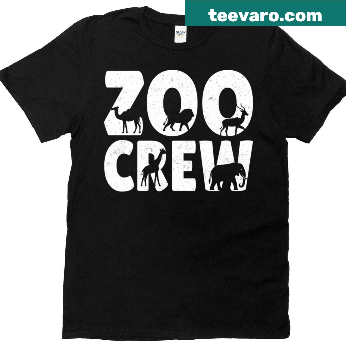 Illustrated Zoo Crew T-shirt featuring various safari animals — on a men's t-shirt