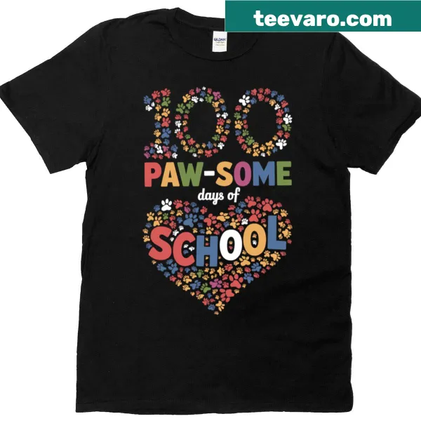 Playful t-shirt for the 100th day of school featuring dogs and cats