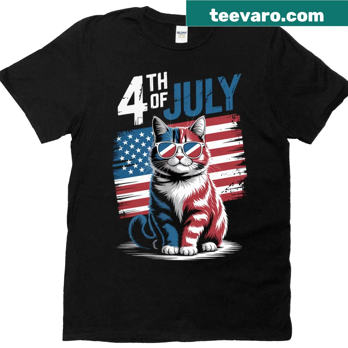 Patriotic t-shirt featuring a cat for Fourth of July — on a men's t-shirt