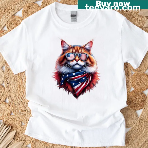 Patriotic cat t-shirt with an American flag design and playful graphics