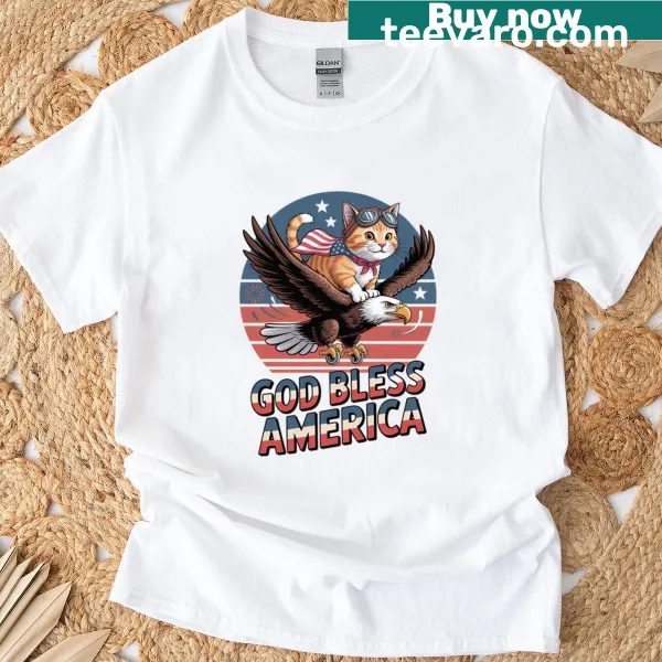 Cat riding an eagle design on a 4th of July t-shirt