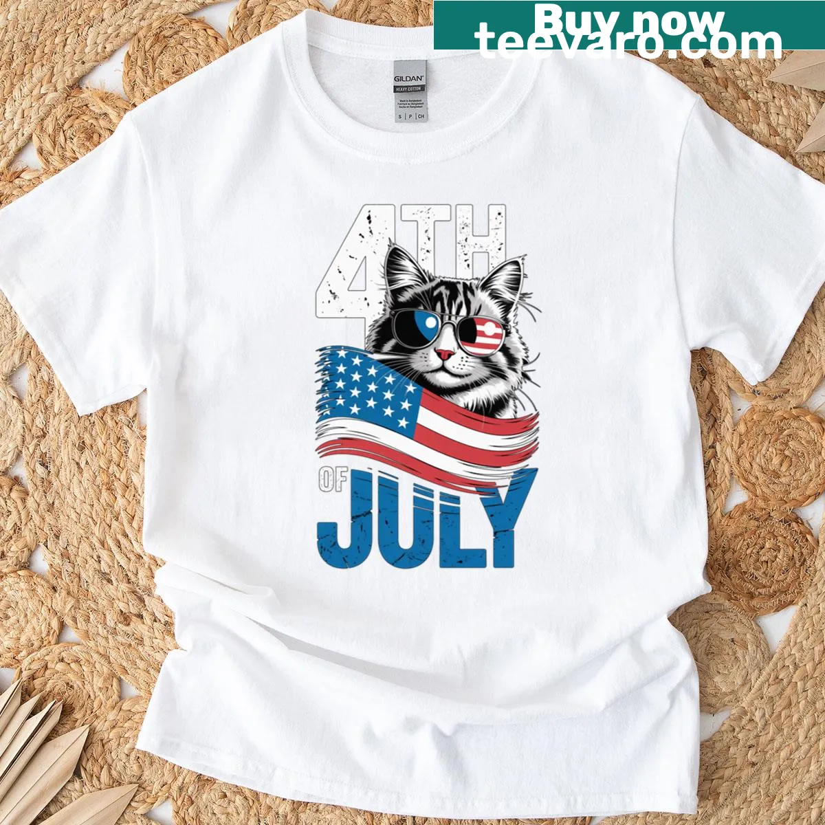 Fun 4th Of July cat t-shirt with shades design — on a men's t-shirt
