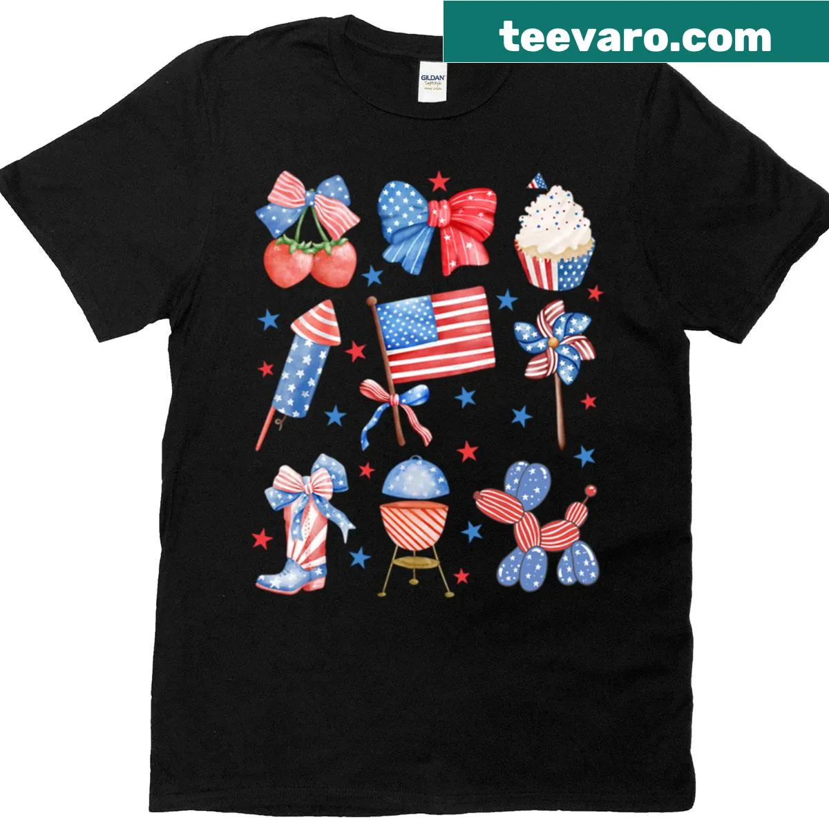 Chic patriotic symbols and typography on a coquette-themed shirt — on a men's t-shirt