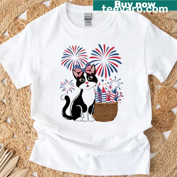 Cute cat with fireworks design on a 4th of July t-shirt
