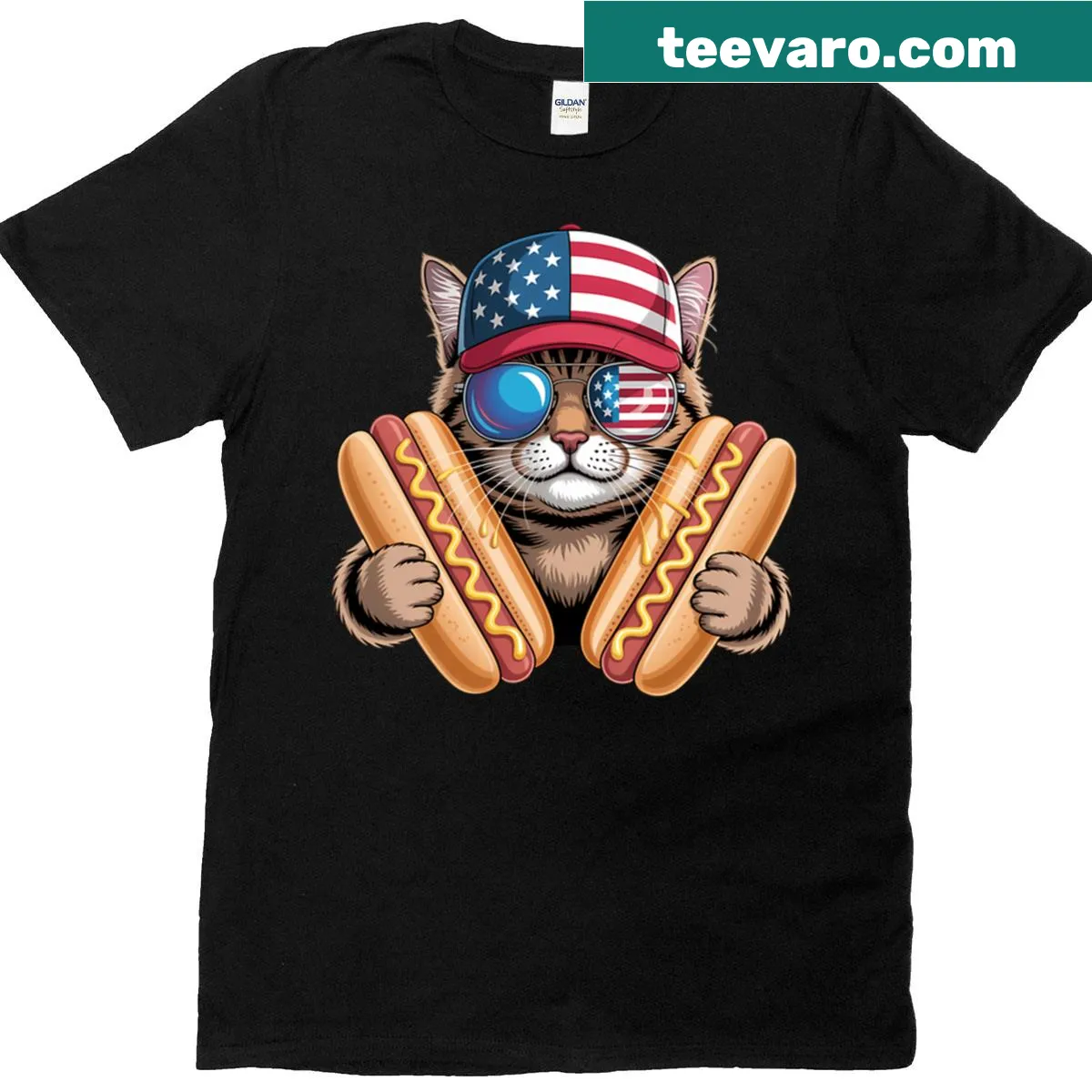 Funny t-shirt featuring a hotdog cat for Fourth of July — on a men's t-shirt
