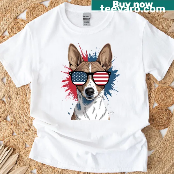 Independence Day themed t-shirt featuring dogs and patriotic symbols