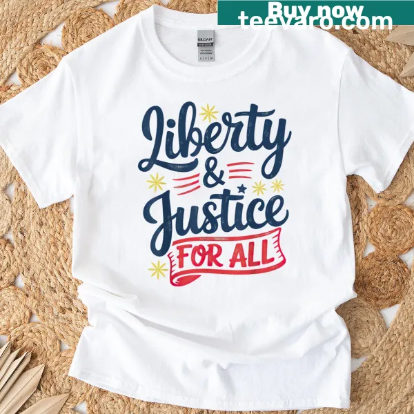 T-shirt featuring a Liberty and Justice design for Independence Day