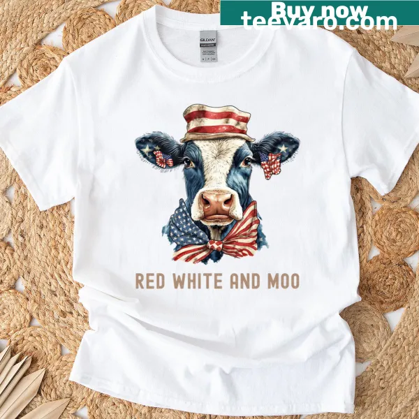 Highland cow graphic with American flag and 'Red White and Moo' text