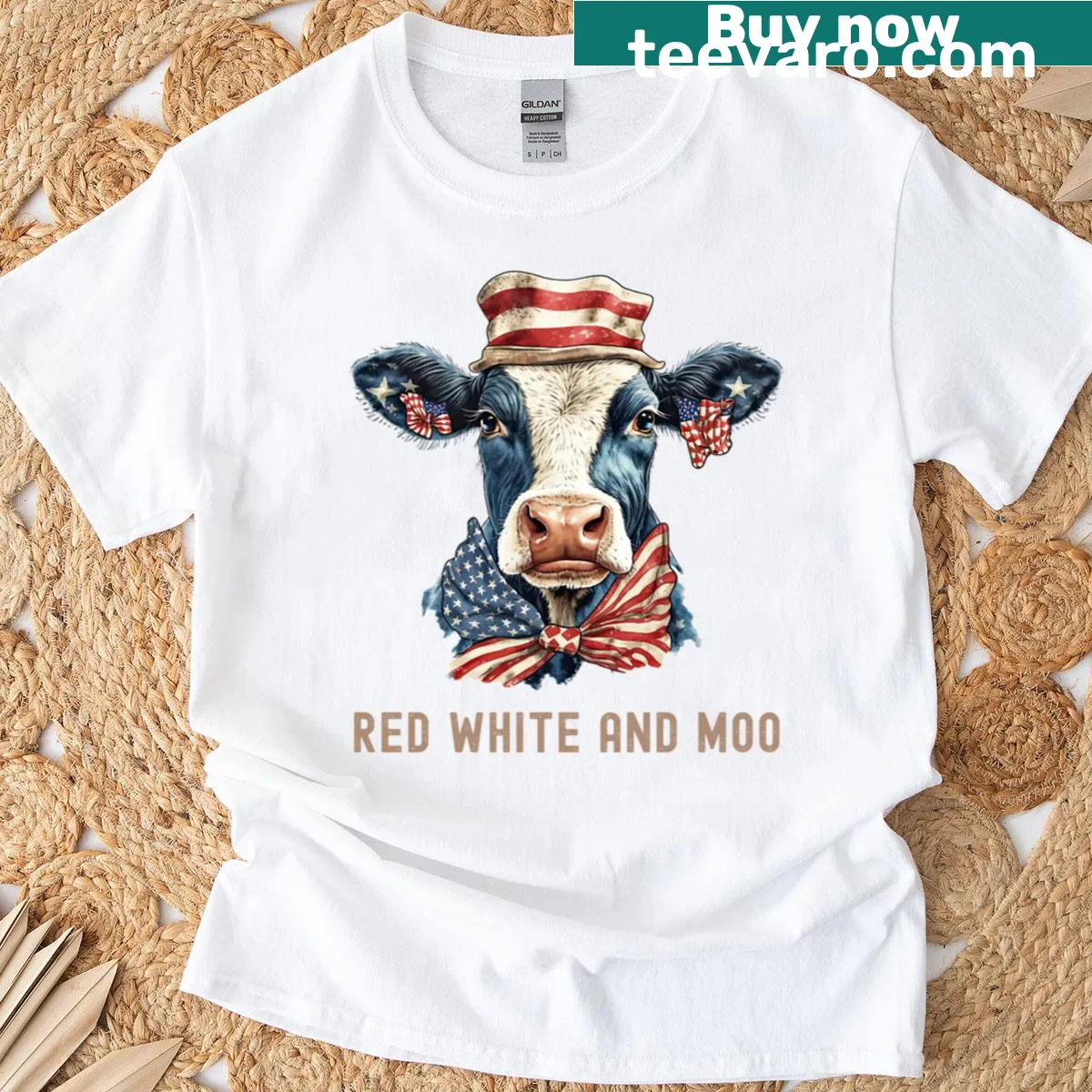 Highland cow graphic with American flag and 'Red White and Moo' text — on a men's t-shirt