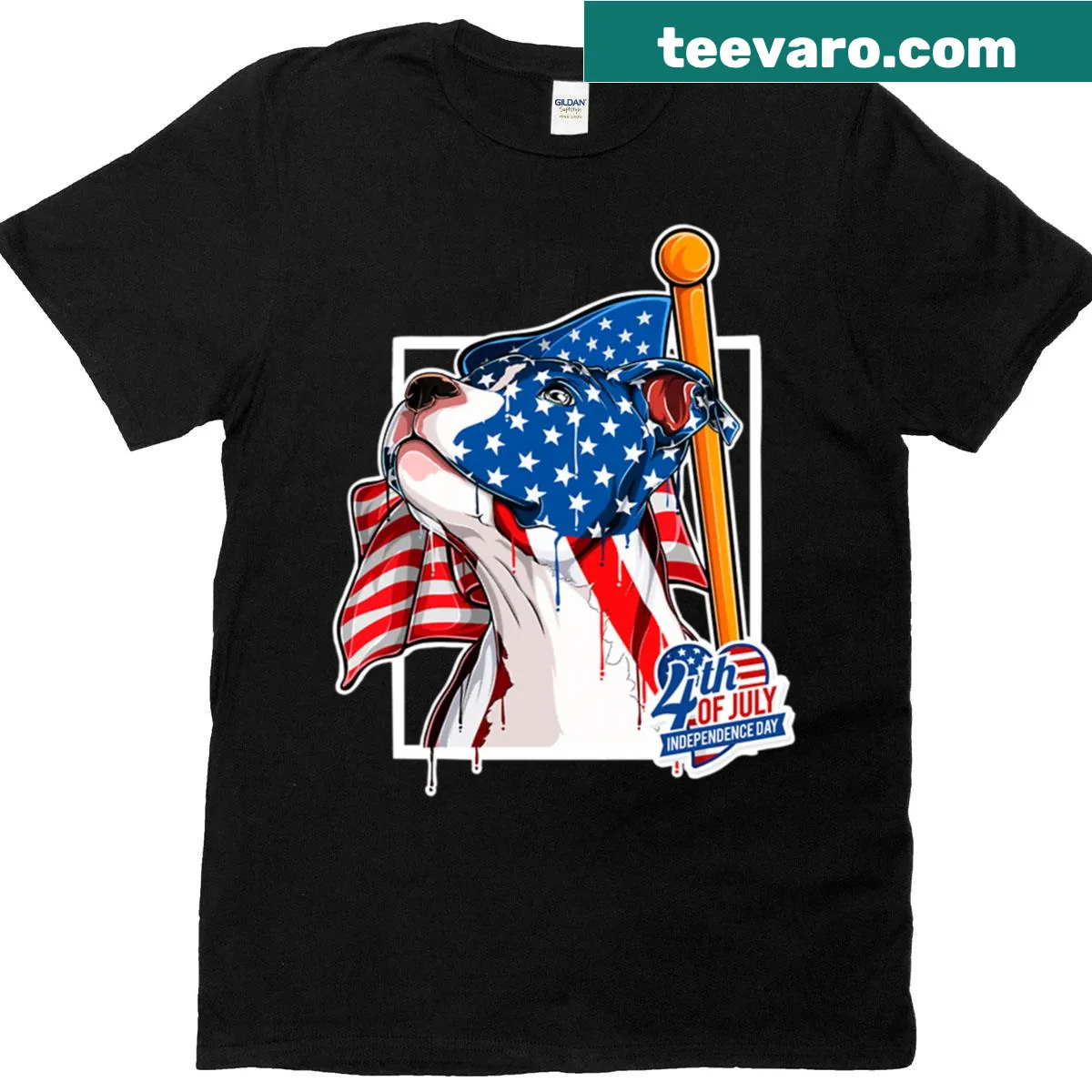 Oversized T-shirt with a proud pitbull illustration for 4th of July — on a men's t-shirt
