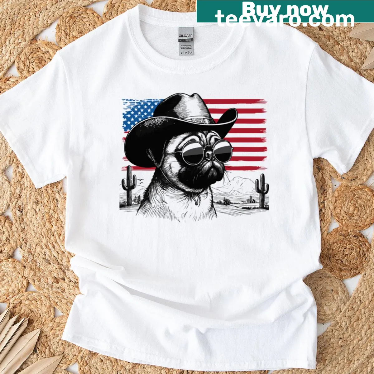 Adorable Pug illustration for 4th of July t-shirt — on a men's t-shirt