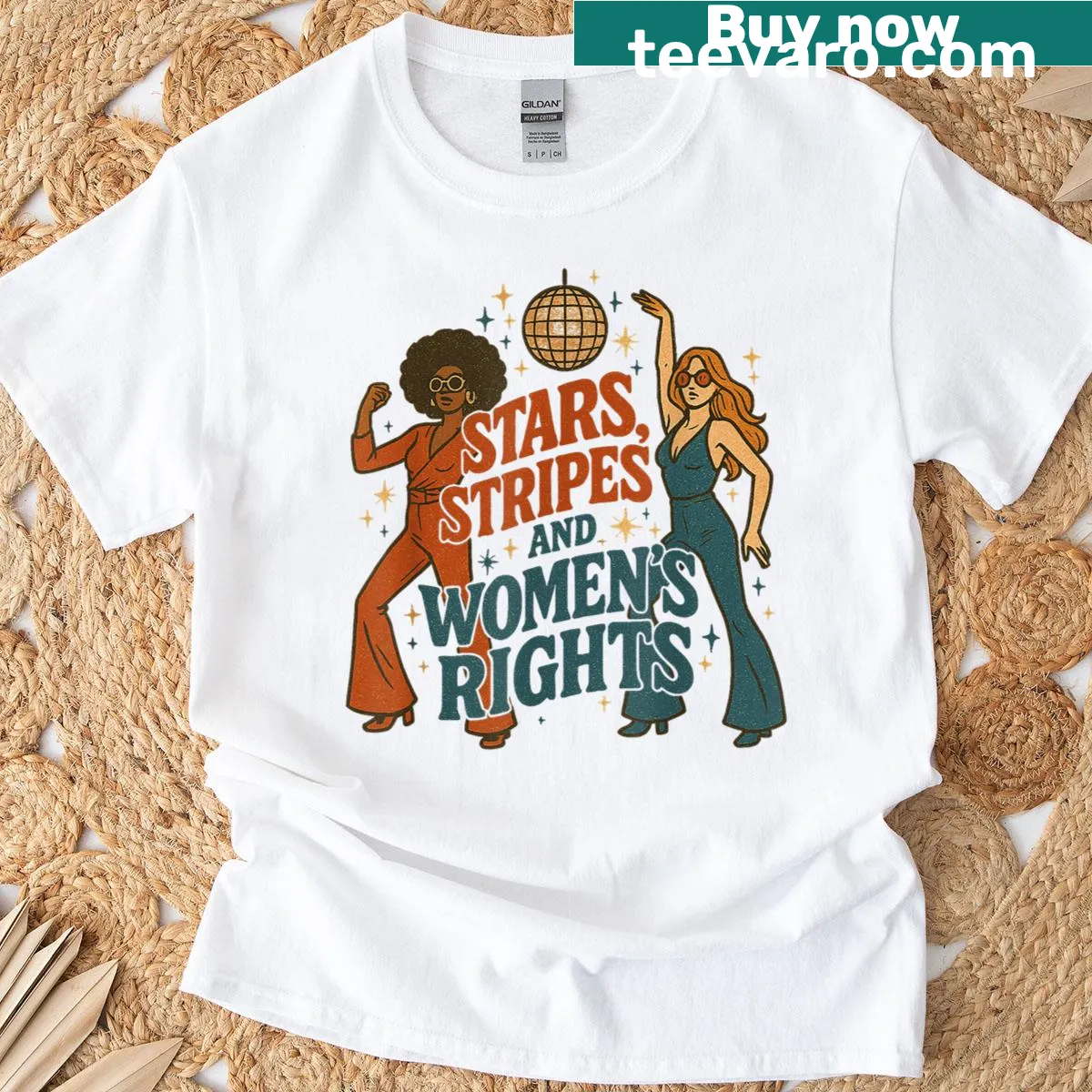 Humorous 4th of July t-shirt with stars, stripes, and women's rights message — on a men's t-shirt
