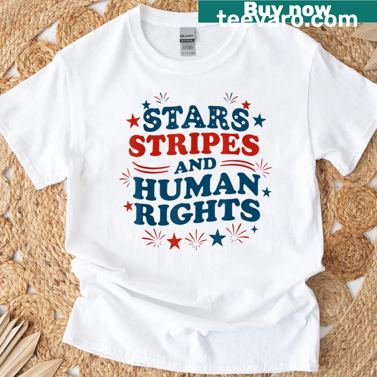 A patriotic t-shirt featuring stars and stripes with human rights message — on a men's t-shirt