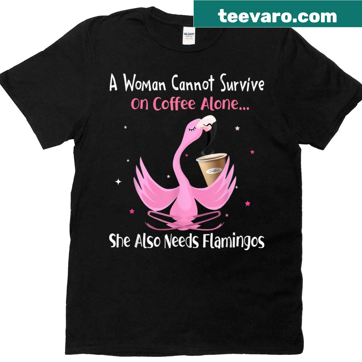 Funny t-shirt with text about coffee and flamingos — on a men's t-shirt