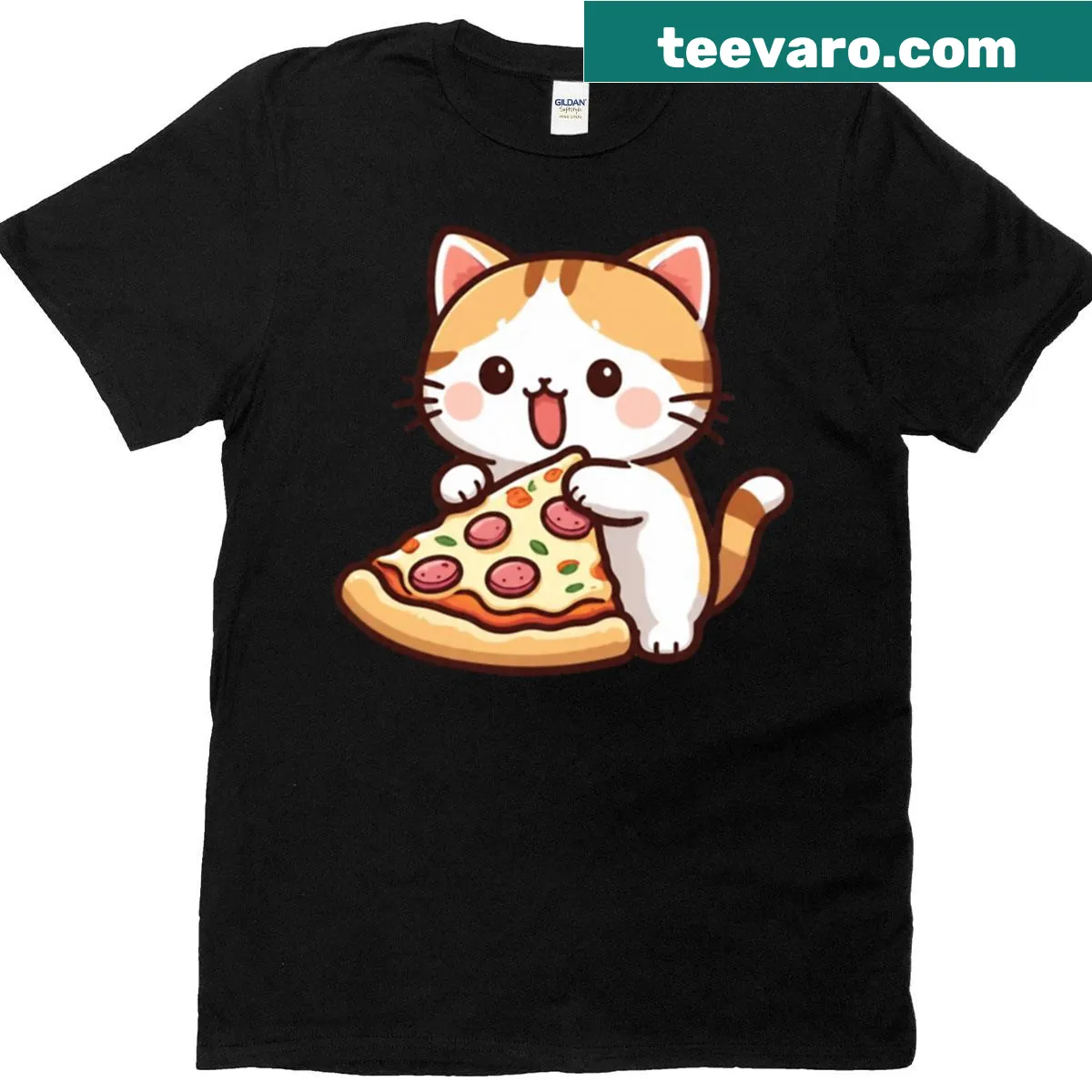 Cartoon of a cat eating pizza on an oversized t-shirt — on a men's t-shirt