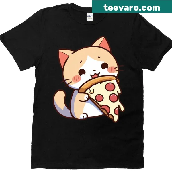 Oversized T-shirt with a cute cat eating a cheesy slice of pizza