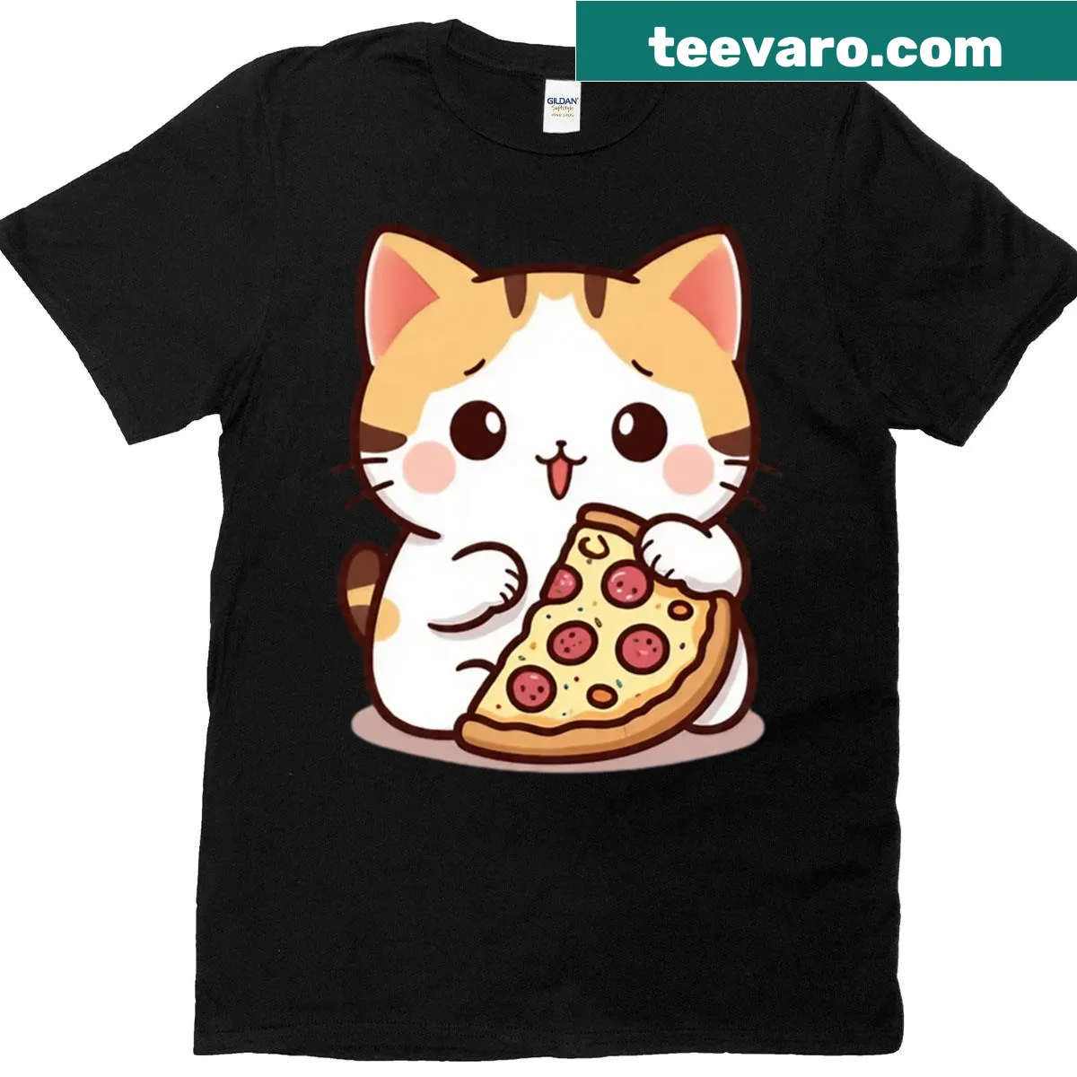 Cute kitten graphic adoring a slice of pizza on a t-shirt — on a men's t-shirt