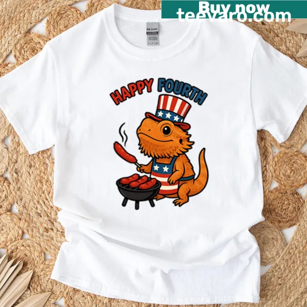 Bearded dragon grilling hot dogs in patriotic colors for July 4th