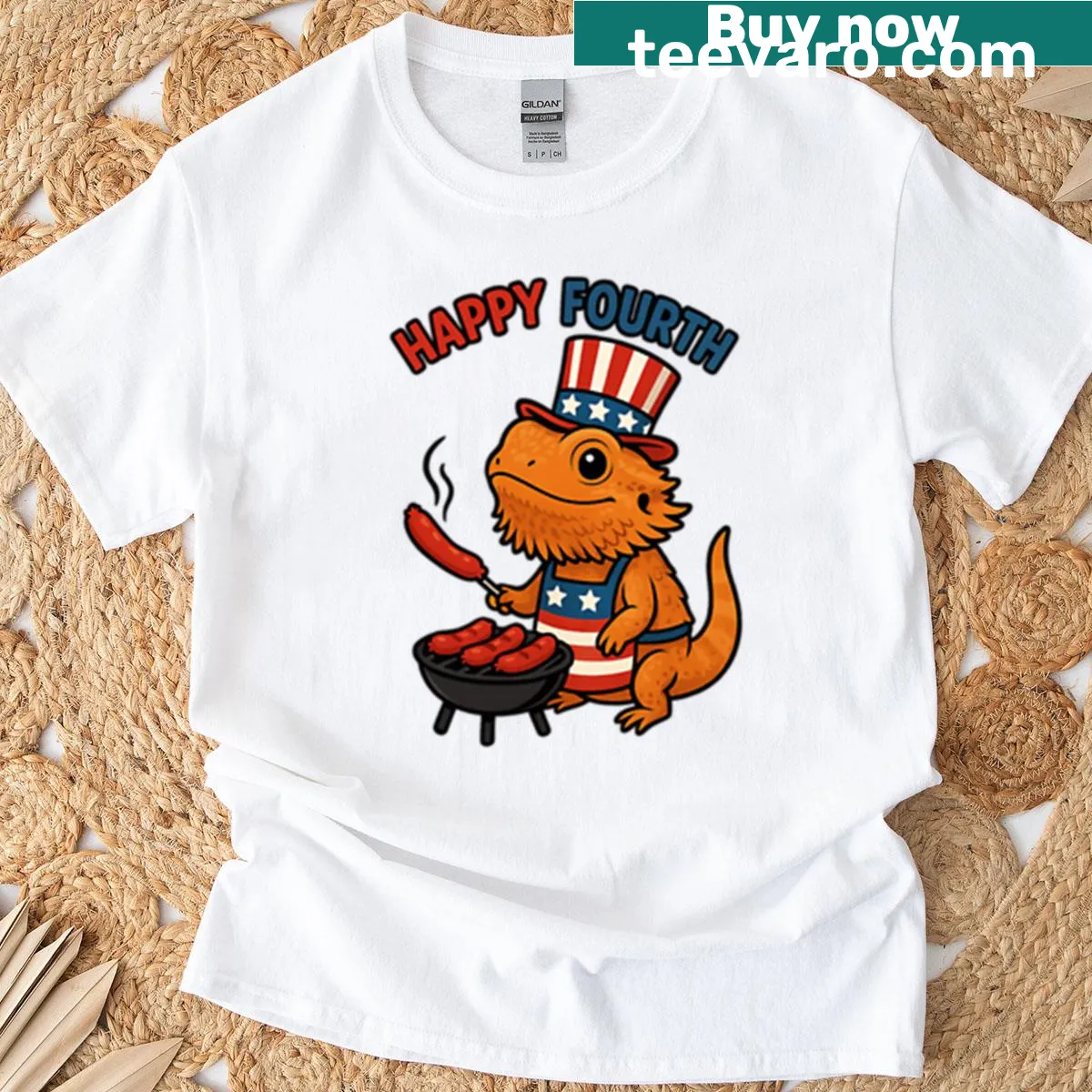 Bearded dragon grilling hot dogs in patriotic colors for July 4th — on a men's t-shirt