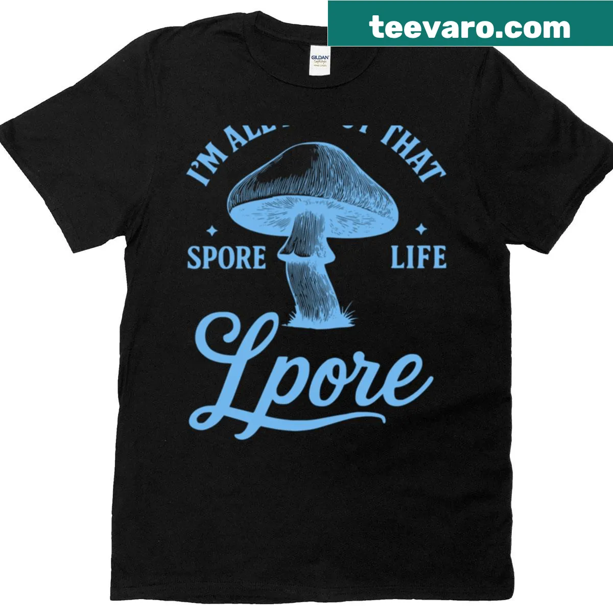 Cartoon graphic of mushrooms celebrating spore life — on a men's t-shirt