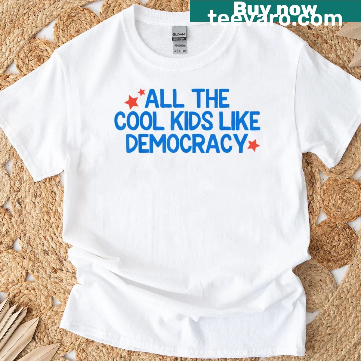 Patriotic t-shirt with text 'All The Cool Kids Like Democracy' — on a men's t-shirt