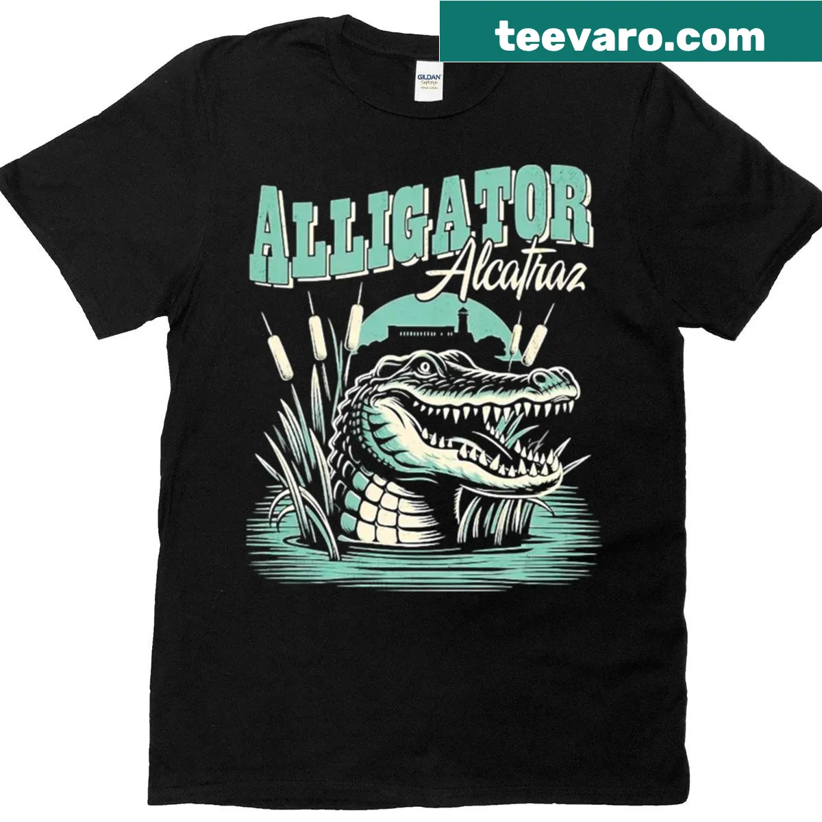 Dark humor illustration of Alligator Alcatraz in Florida — on a men's t-shirt