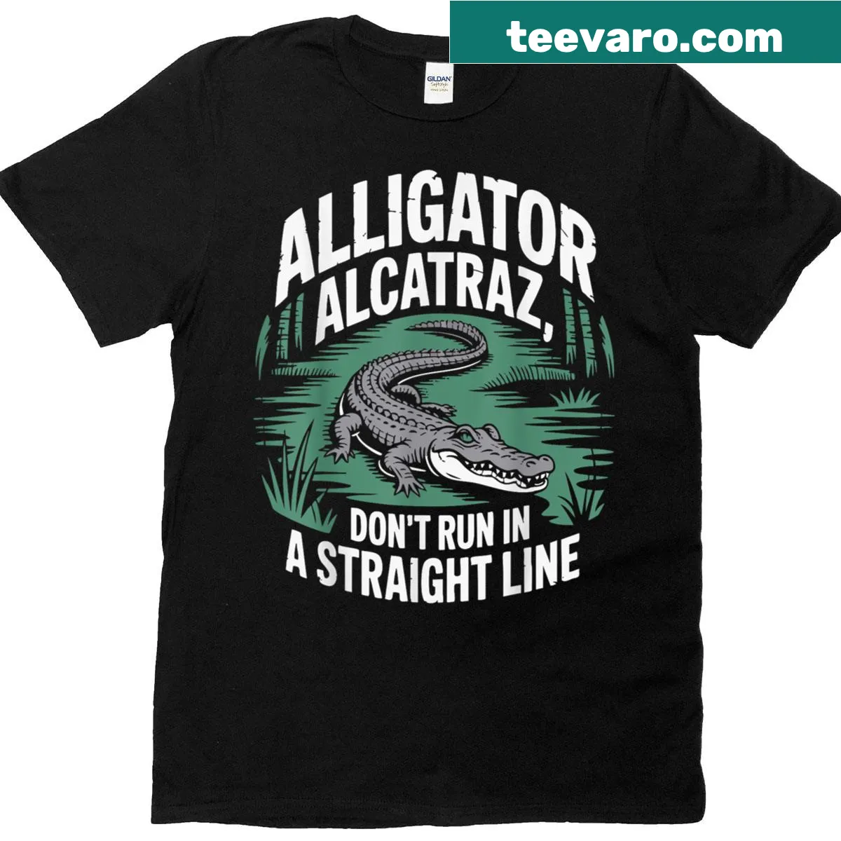 Funny alligator quote T-shirt with the phrase Don't Run In Straight Line — on a men's t-shirt
