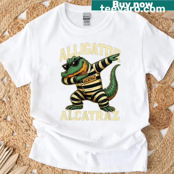 Funny t-shirt featuring a retro alligator dabbing in cartoon style