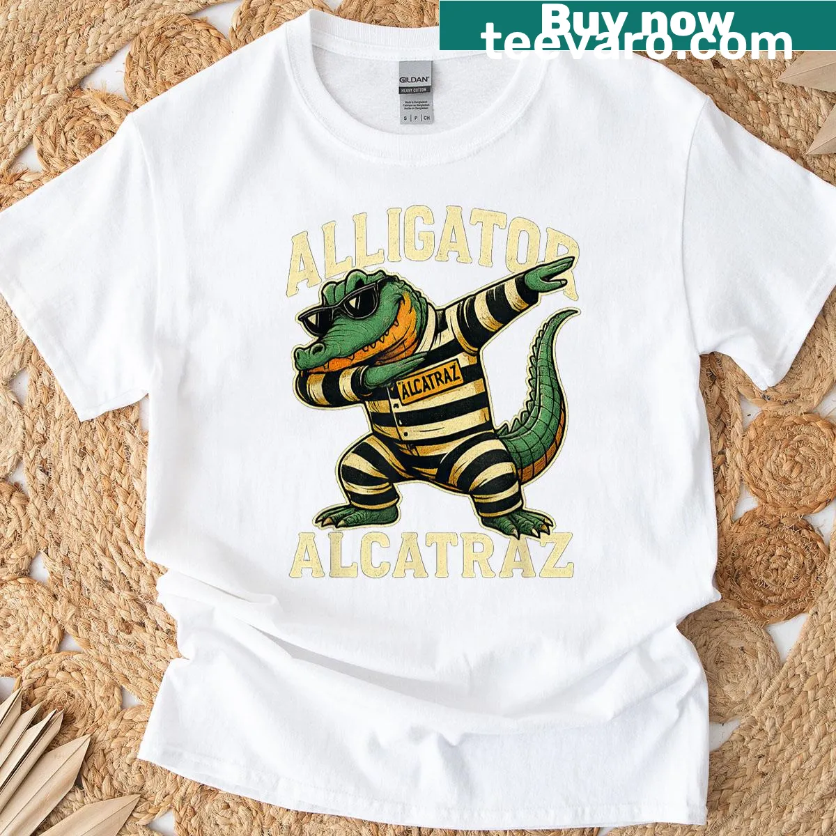 Funny t-shirt featuring a retro alligator dabbing in cartoon style — on a men's t-shirt
