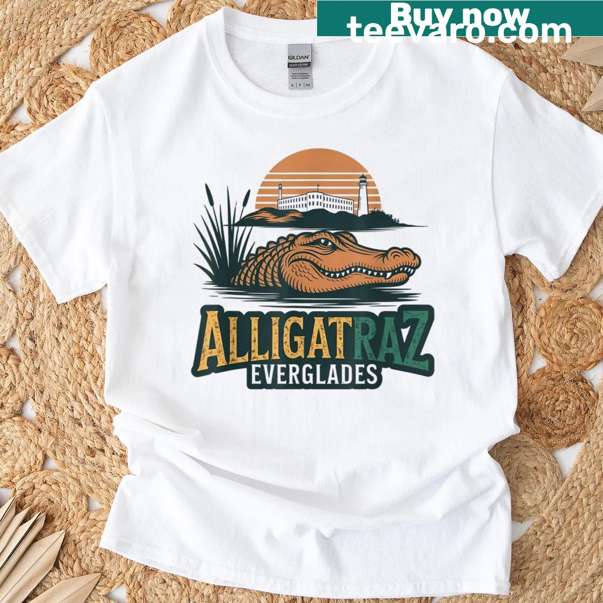 Humorous alligator design reflecting Alcatraz theme. — on a men's t-shirt