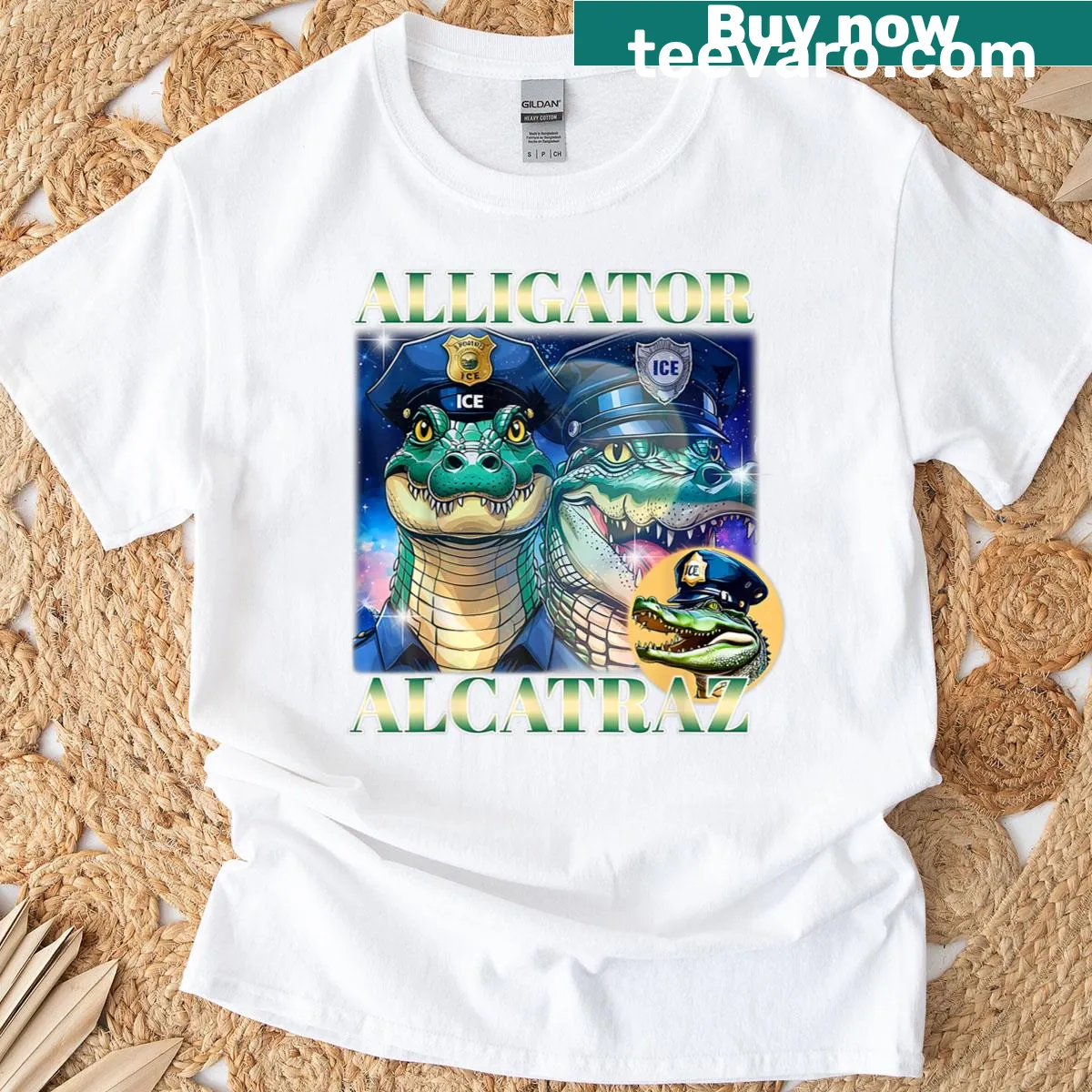 Alligator-themed vintage-style t-shirt with playful graphics — on a men's t-shirt