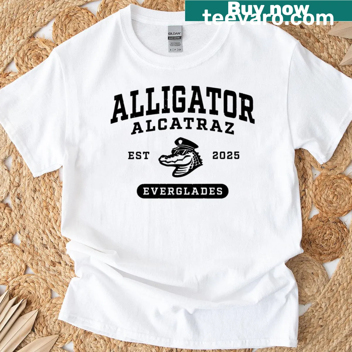 Vintage-style alligator and Alcatraz parody graphic t-shirt. — on a men's t-shirt