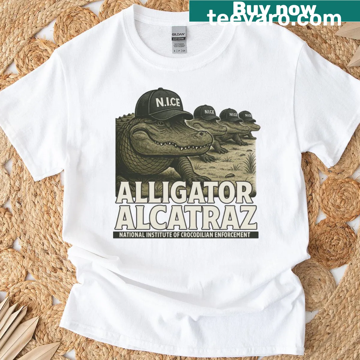 Vintage-style T-shirt with cartoon alligator and Gator Enforcement graphic. — on a men's t-shirt