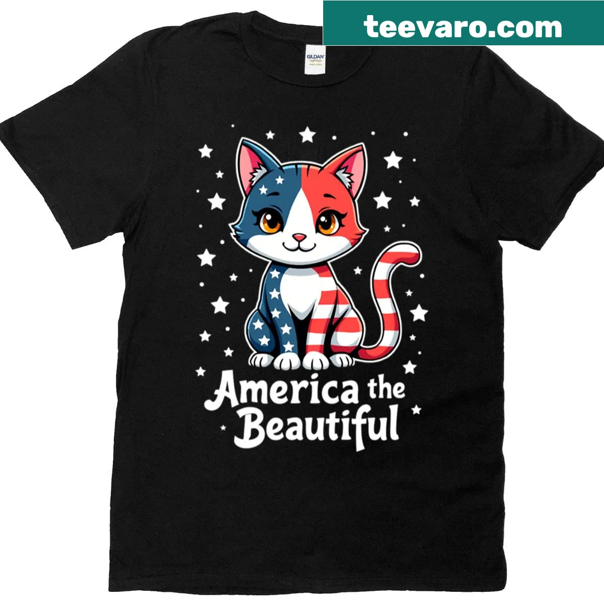 Patriotic T-shirt featuring a cat design celebrating America — on a men's t-shirt