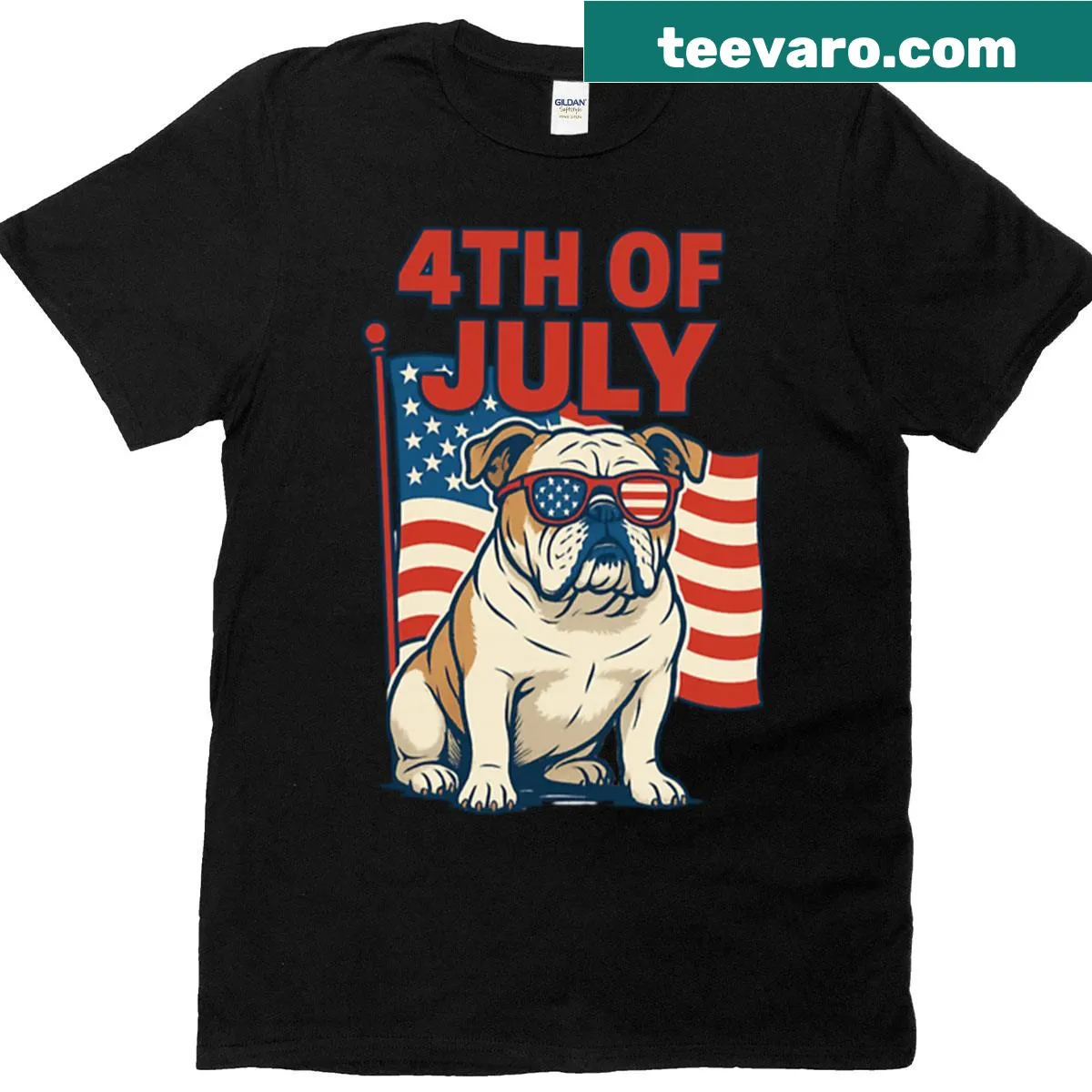 T-shirt featuring a patriotic bulldog with flag sunglasses — on a men's t-shirt