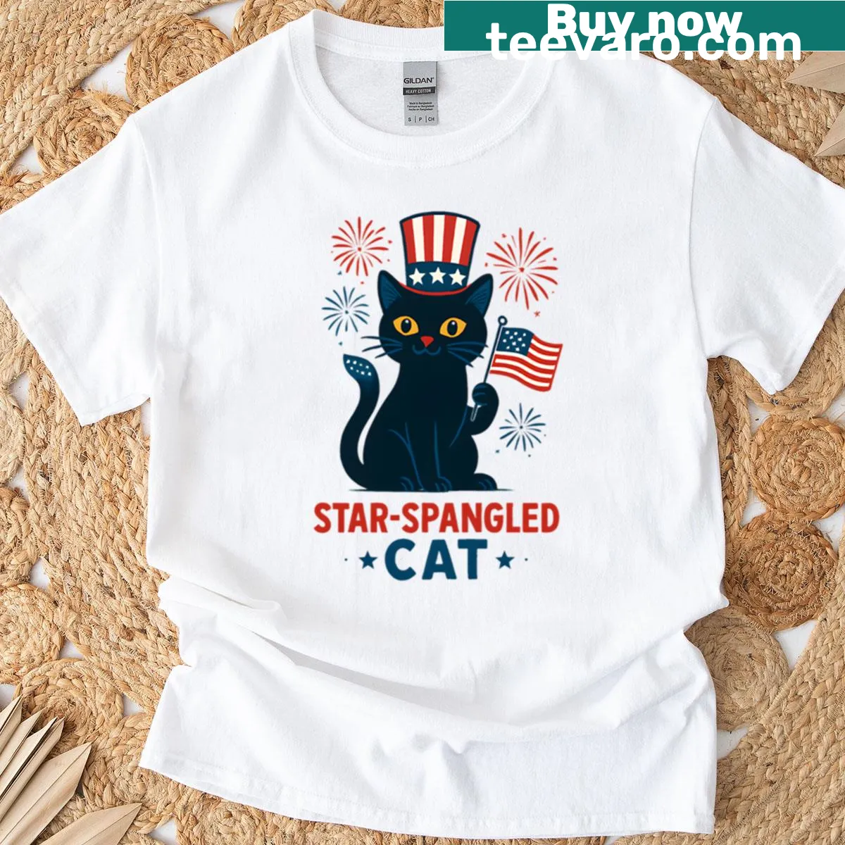 Oversized T-shirt featuring a cat with an American flag design — on a men's t-shirt