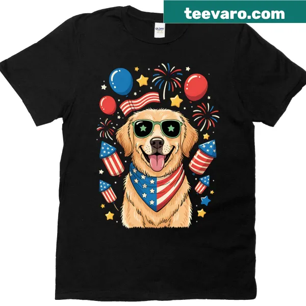 Retro T-shirt with a golden retriever and American flag design