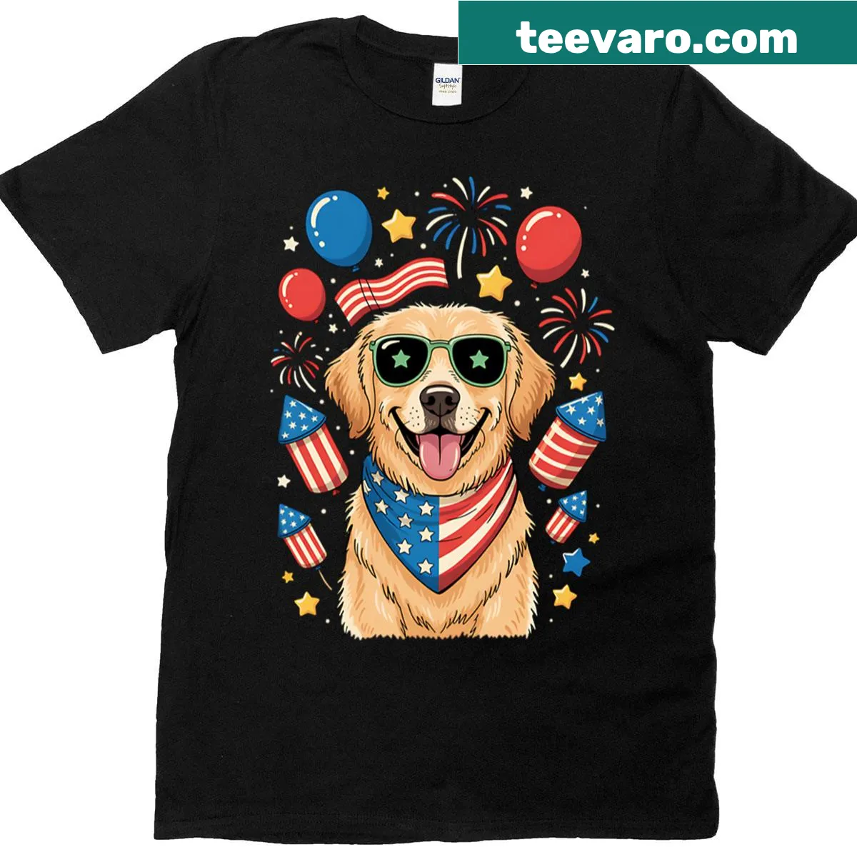 Retro T-shirt with a golden retriever and American flag design — on a men's t-shirt